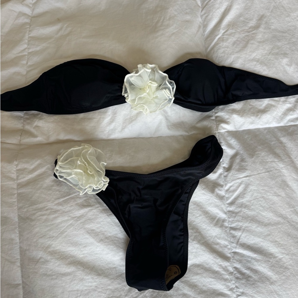 Black Bikini with White Floral Accents